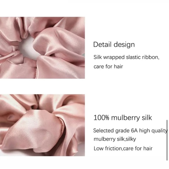 Silk hair scrunchie tie mulberry silk pink black shiny metallic hair pony tail - Picture 4 of 12
